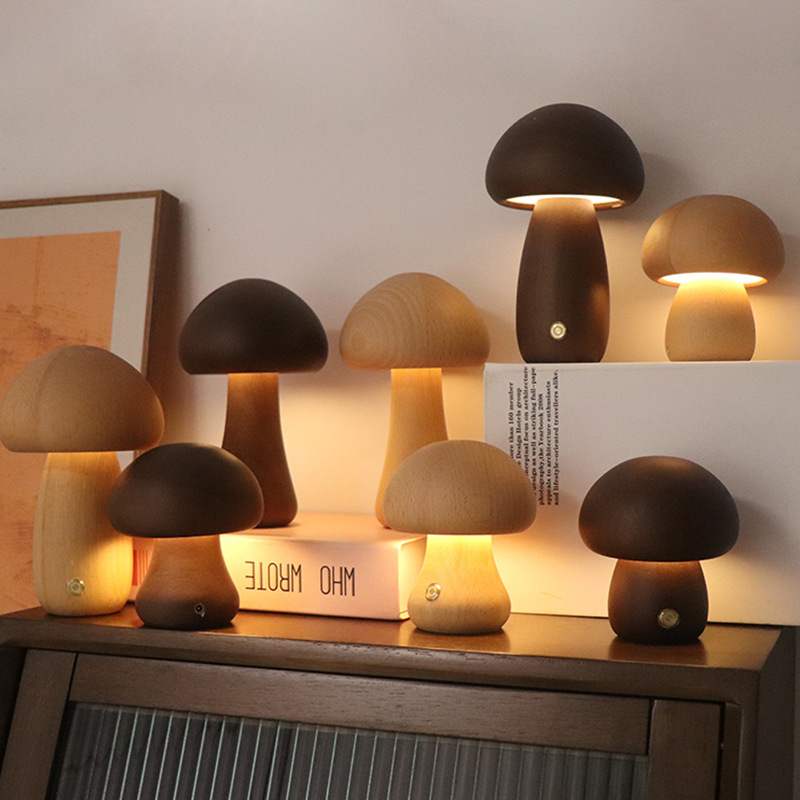 Cute Wooden Mushroom LED Night Lamp for Cozy Spaces