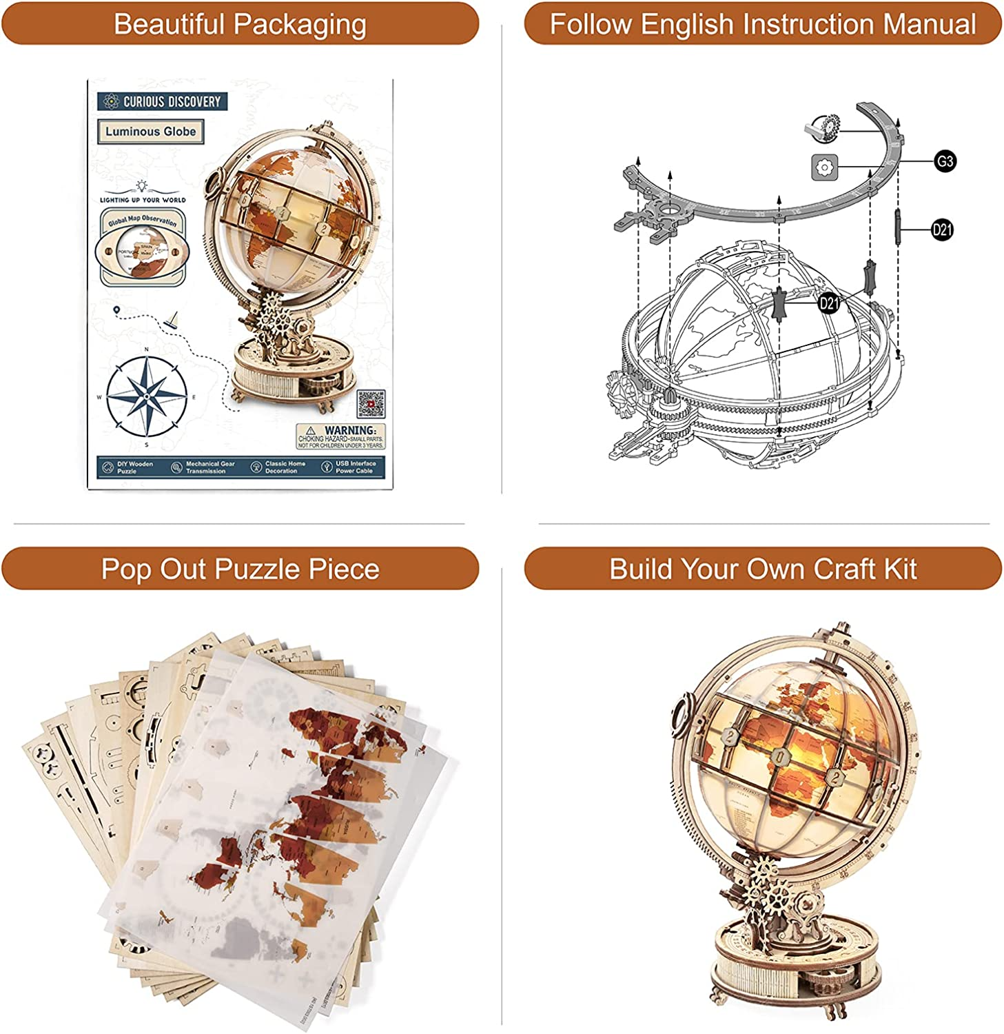 Luminous Wooden Globe 3D Puzzle – Interactive Lamp