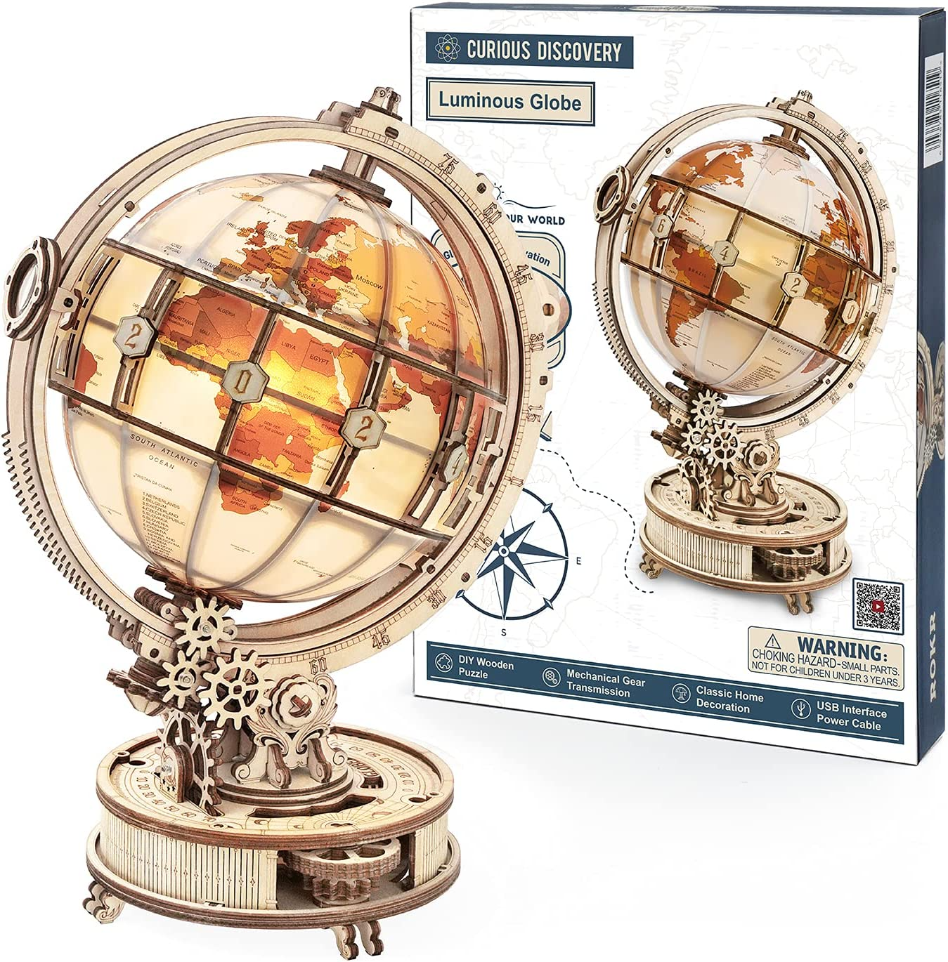 Luminous Wooden Globe 3D Puzzle – Interactive Lamp