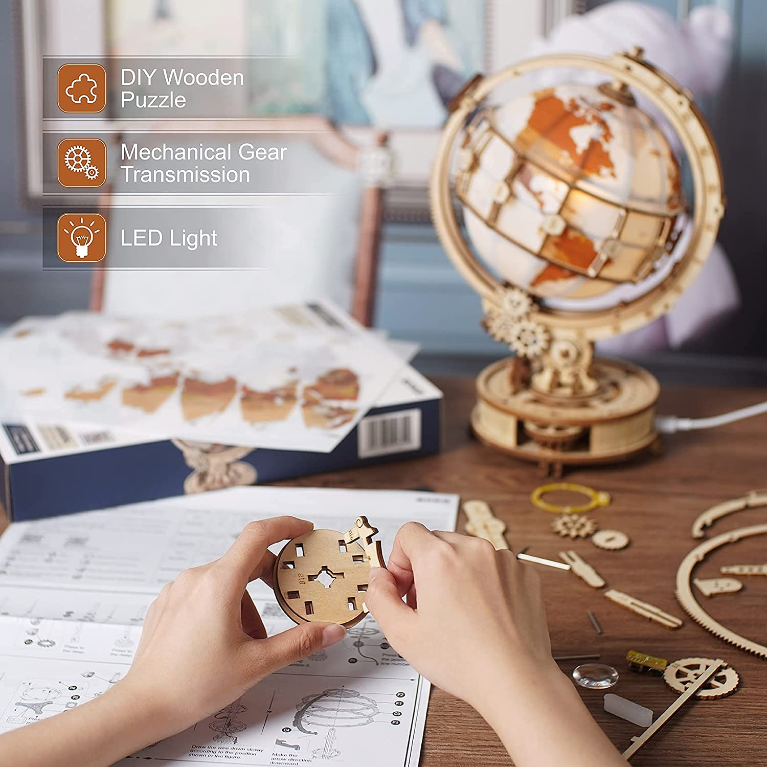 Luminous Wooden Globe 3D Puzzle – Interactive Lamp